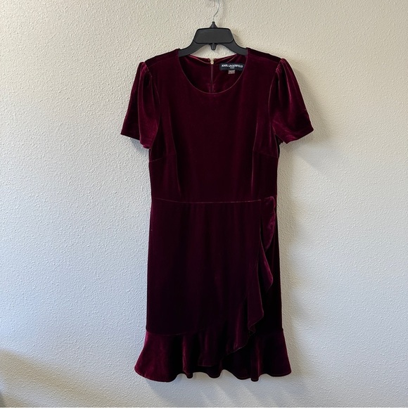 Karl Lagerfeld Velour Velvet Ruffle Hem Red Sheath Dress Sz 8 - Picture 13 of 14